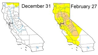The US Drought Monitor map for February 2020 displays abnormally dry and moderate drought conditions across a widespread part of California – a stark contrast to conditions at the start of the year.