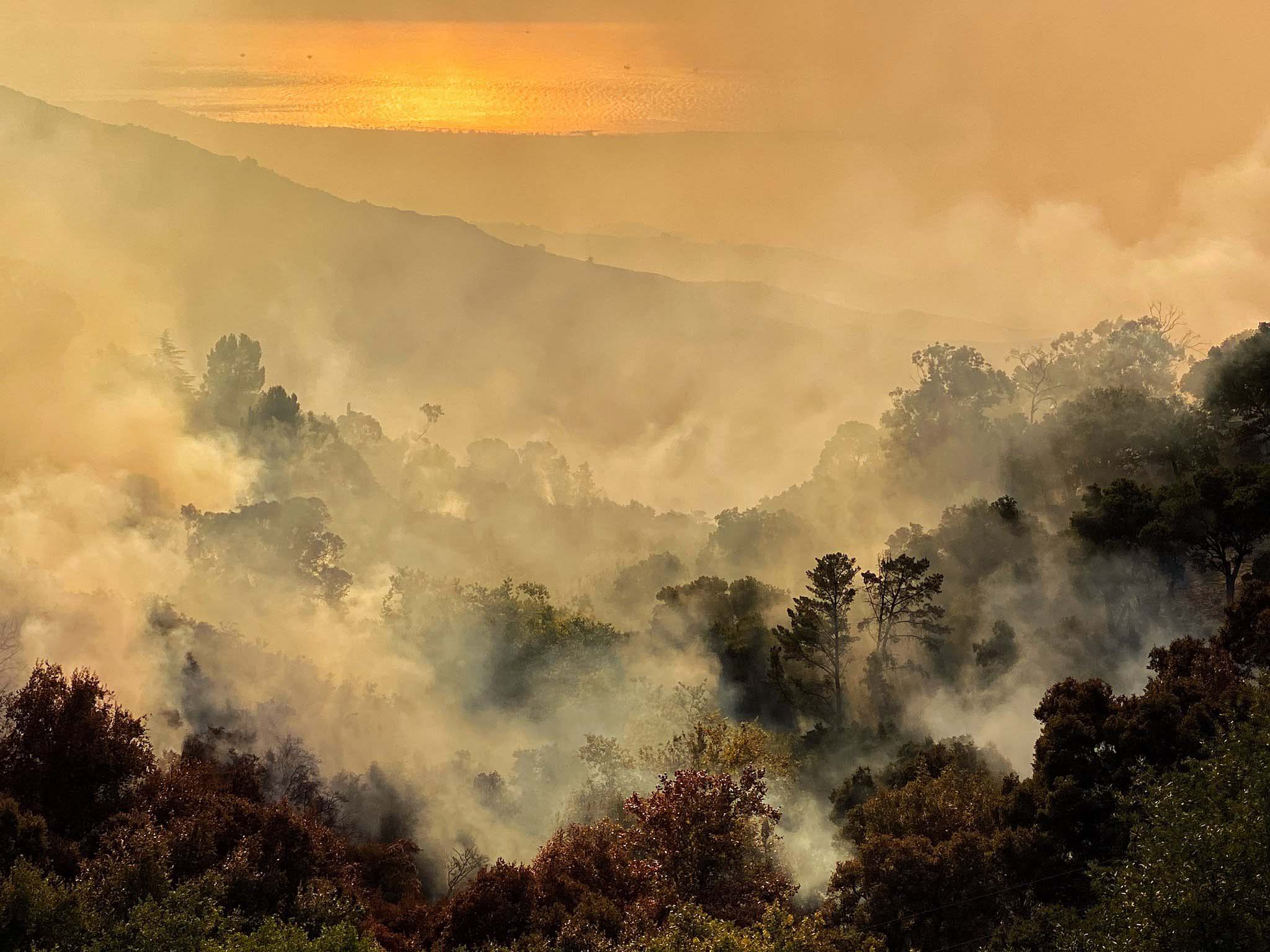 "Smoke rises above the Los Padres NF with the Pacific Ocean in the distance."
