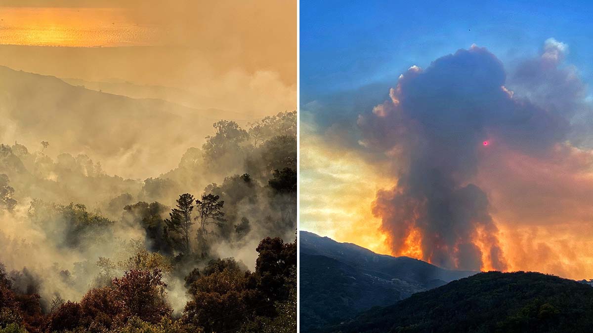 "Fire activity blocks out the sun Tuesday morning as flames move north towards East Camino Cielo in the Los Padres NF."