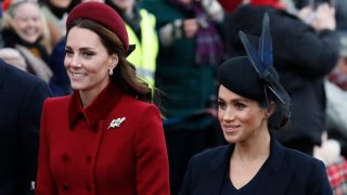 In this Tuesday, Dec. 25, 2018, file photo, Britain's Kate, Duchess of Cambridge, left, and Meghan, Duchess of Sussex arrive to attend the Christmas day service at St Mary Magdalene Church in Sandringham in Norfolk, England.