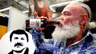 A model drinks a beer of “El Chapo 701,” a line in clothing, jewelry and liquor bearing the nickname of the jailed Mexican drug lord Joaquin “El Chapo” Guzman Loera, during the 72 edition of IM Intermoda Mexico fashion fair in Guadalajara, Mexico, on January 14, 2020.