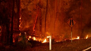 Bushfires burn between the townships of Bemm River and Cann River in eastern Gippsland on Jan. 2, 2020, in Australia.