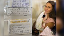 The Moore family receives warm wishes written on napkins from passenger during a flight home with their adopted baby girl.
