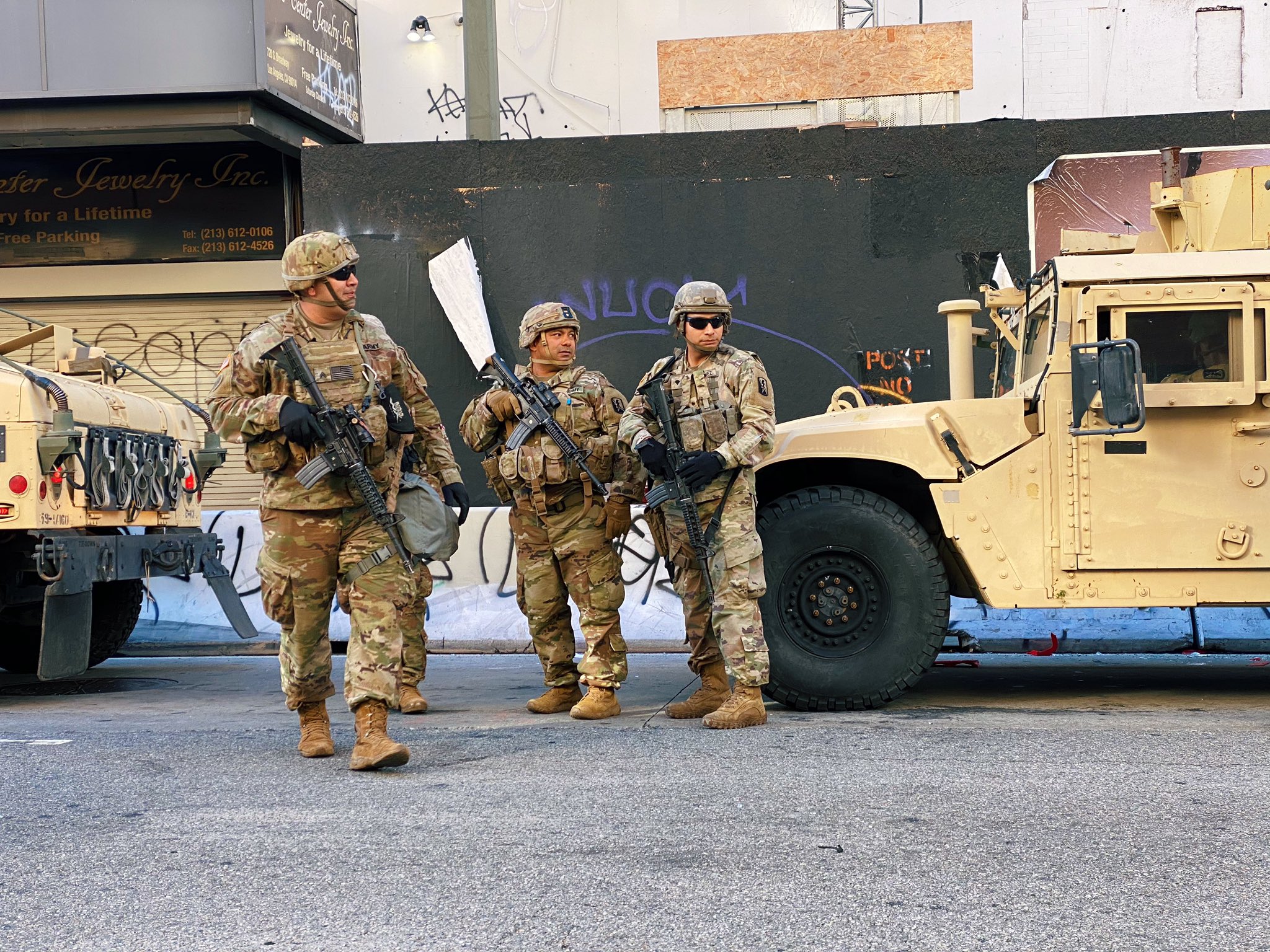 California National Guard members arrive in downtown Los Angeles Saturday May 31, 2020.