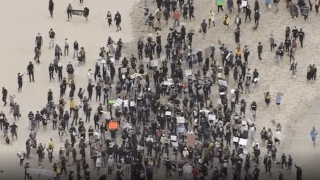 Protesters march at Venice Beach .