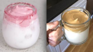 (left) whipped strawberry milk (right) whipped coffee