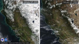 These side-by-side photos show California's snowpack in February 2019 and February 2020.