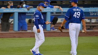 In this July, 8, 2020, file photo, Los Angeles Dodgers manager Dave Roberts, left, talks with relief pitcher Blake Treinen during an intrasquad baseball game in Los Angeles.