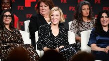 PASADENA, CALIFORNIA - JANUARY 09: (L-R) Uzo Aduba, Stacey Sher, Margo Martindale, Cate Blanchett, Tracey Ullman, and Dahvi Waller of Mrs. America' speak during the FX segment of the 2020 Winter TCA Tour at The Langham Huntington, Pasadena on January 09, 2020 in Pasadena, California. (Photo by Amy Sussman/Getty Images)