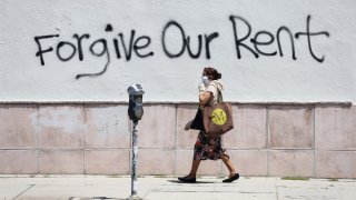 Graffiti supporting the rent strike appear on La Brea Avenue.