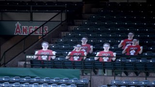 Cutouts of fans were placed in some seats during The Los Angeles Angels of Anaheim.