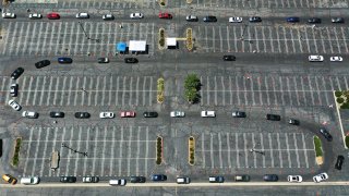 An aerial view of drivers lined up to be tested for COVID-19.