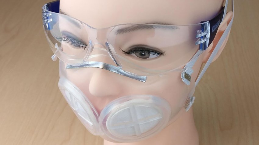 Researchers at MIT and Brigham and Women’s Hospital have designed a silicone rubber face mask that they believe could stop viral particles as effectively as N95 masks. This image shows the mask on a mannequin head.