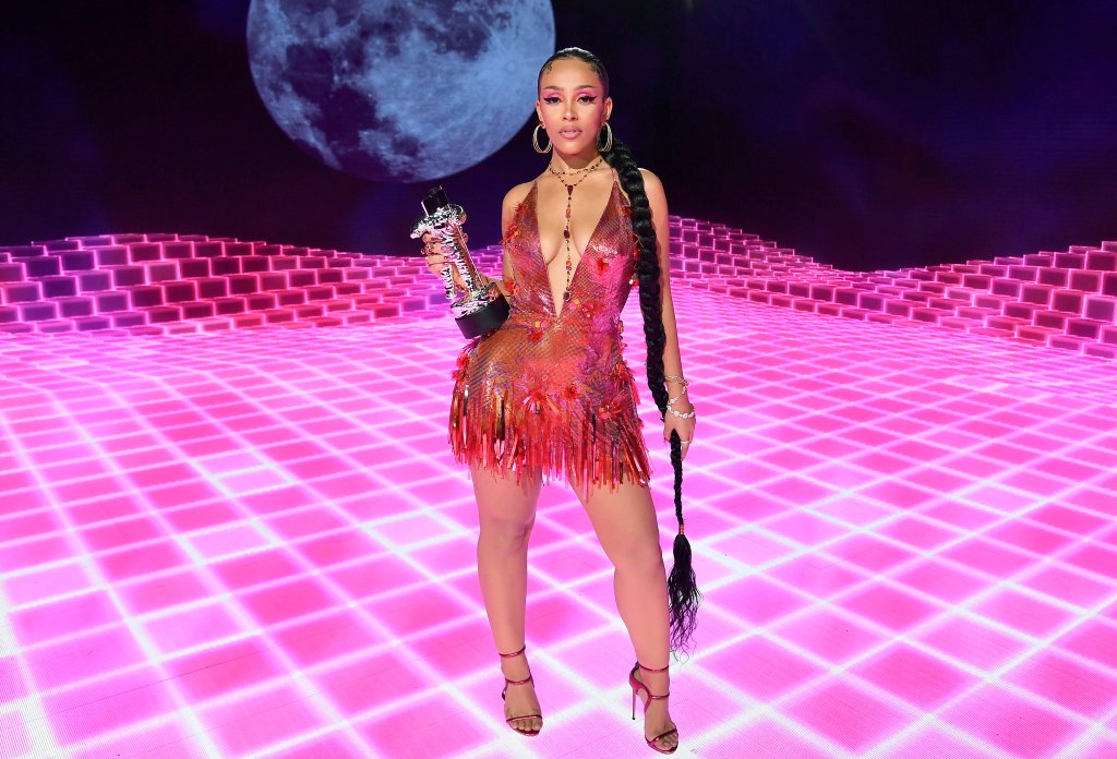Doja Cat, winner of the PUSH Award for Best New Artist, presented by Chime Banking, poses in the winner's room during the 2020 MTV Video Music Awards, broadcast on Sunday, August 30, 2020 in New York City.