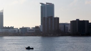 A single boat on the Detroit River across from Windsor, Ontario, Canada on April 8, 2020 in Detroit, Michigan.