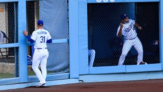 Los Angeles Dodgers pitcher Brusdar Graterol (48) celebrates in the bullpen after Los Angeles Dodgers left fielder Joc Pederson (31) makes an acrobatic catch on San Diego Padres shortstop Fernando Tatis (23) drive during a MLB game between the San Diego Padres and the Los Angeles Dodgers on August 10, 2020 at Dodger Stadium in Los Angeles, CA. The 2020 regular season has been shortened to 60 games due to the COVID-19 Pandemic. (Photo by Brian Rothmuller/Icon Sportswire via Getty Images)