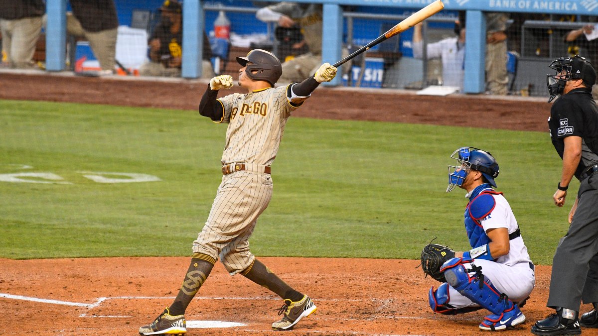 Manny Machado of the Los Angeles Dodgers during his first at bat at