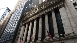 NEW YORK, NEW YORK - JULY 23: American flags are on display on the New York Stock Exchange (NYSE) on July 23, 2020 in New York City. On Wednesday July 22, the market had its best day in 6 weeks.