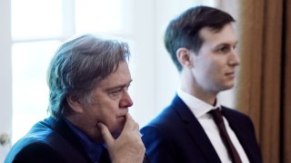 Steve Bannon, chief strategist for U.S. President Donald Trump, left, and Jared Kushner, senior White House adviser, listen during a meeting with U.S. President Donald Trump, not pictured, and Cabinet members at the White House in Washington, D.C., U.S., on Monday, June 12, 2017. U.S.