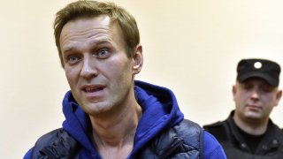 In this Sept. 24, 2018, file photo, Russian opposition leader Alexei Navalny, accused of violating a protest law, attends a hearing at a court in Moscow.