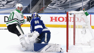 Corey Perry #10 of the Dallas Stars scores against goaltender Andrei Vasilevskiy #88 of the Tampa Bay Lightning in the first period of Game Five of the 2020 NHL Stanley Cup Final between the Dallas Stars and the Tampa Bay Lightning at Rogers Place on Sept. 26, 2020 in Edmonton, Alberta, Canada.