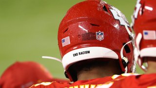 Juan Thornhill #22 of the Kansas City Chiefs wears End Racism on the back of his helmet during the fourth quarter against the Houston Texans at Arrowhead Stadium on September 10, 2020 in Kansas City, Missouri.