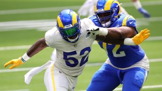 Terrell Lewis #52 battles Tremayne Anchrum #72 of the Los Angeles Rams for postion during a team scrimmage at SoFi Stadium on August 29, 2020 in Inglewood, California. (Photo by Sean M. Haffey/Getty Images)