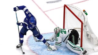 Anton Khudobin #35 of the Dallas Stars makes the save against Pat Maroon #14 of the Tampa Bay Lightning during the second period in Game Two of the 2020 NHL Stanley Cup Final at Rogers Place on September 21, 2020 in Edmonton, Alberta, Canada. (Photo by Bruce Bennett/Getty Images)