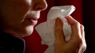 A close-up view of a woman blowing her nose.