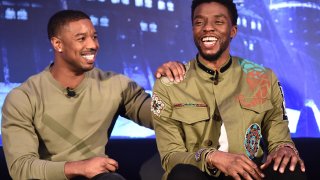 Actors Michael B. Jordan (L) and Chadwick Boseman attend the Marvel Studios' "Black Panther" Global Junket Press Conference on Jan. 30, 2018 at Montage Beverly Hills in Beverly Hills, California.
