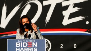 Michigan Governor Gretchen Whitmer speaks before Democratic Vice Presidential Nominee Senator Kamala Harris (D-CA) at the Detroit Pistons Practice Facility in Detroit, Michigan on September 22, 2020.