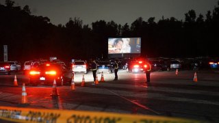 People watch movie in their cars at the Los Angeles Zoo.