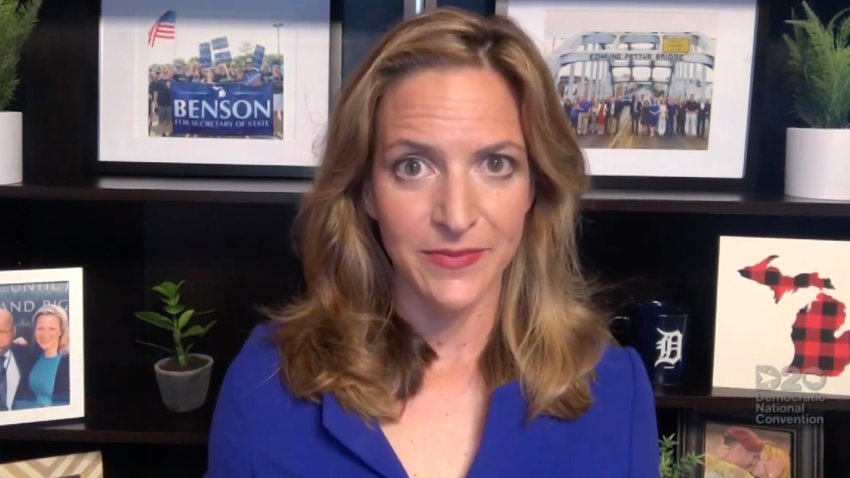In this screenshot from the DNCC’s livestream of the 2020 Democratic National Convention, Michigan Secretary of State Jocelyn Benson addresses the virtual convention on August 20, 2020.