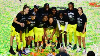 The Seattle Storm poses for a picture after winning the WNBA Championship after defeating the Las Vegas Aces 92-59 during Game 3 of the WNBA Finals at Feld Entertainment Center on October 06, 2020 in Palmetto, Florida.
