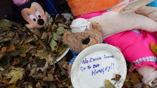 Hand written comments are written on paper plates and placed, along with soft toys outside the office of Simon Clarke MP, Conservative MP for Middlesbrough South and East Cleveland on October 24, 2020 in Guisborough, England