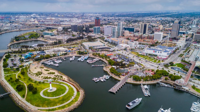 Aerial photo of Pike area Long Beach California. Ocean and light house.