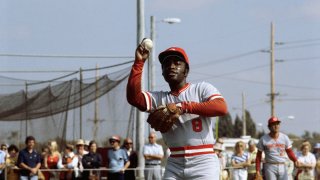 Cincinnati Reds' second baseman Joe Morgan prepares to throw the ball as fans watch from the sidelines, 1978.