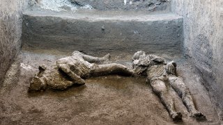 The casts of what are believed to have been a rich man and his male slave fleeing the volcanic eruption of Vesuvius nearly 2,000 years ago