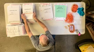 A worker processes ballots at the Orange County Registrar of Voters in Santa Ana.