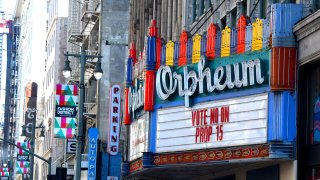 The Orpheum Theatre marquee is asking people to vote no on Prop 15.