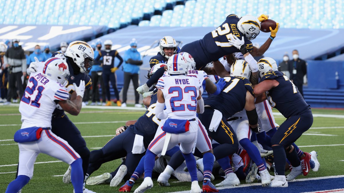 Dawson Knox of the Buffalo Bills catches a pass in front of Justin