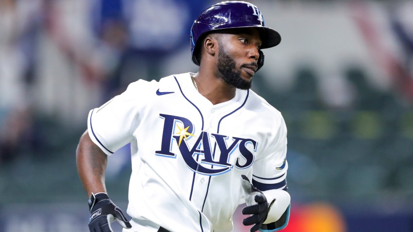 In this Oct. 23, 2020, file photo, Randy Arozarena #56 of the Tampa Bay Rays rounds the bases after hitting a solo home run in the ninth inning during Game 3 of the 2020 World Series between the Los Angeles Dodgers and the Tampa Bay Rays at Globe Life Field in Arlington, Texas.