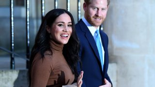 Prince Harry, Duke of Sussex and Meghan, Duchess of Sussex react after their visit to Canada House in thanks for the warm Canadian hospitality and support they received during their recent stay in Canada, on January 7, 2020 in London, England.