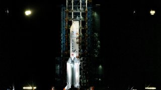 The Long March 5 rocket carrying Chang'e 5 is seen on the launch pad at the Wenchang Space Launch Site on Hainan