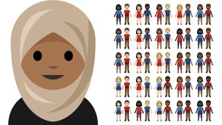 an emoji depicting a girl in a headscarf, left, and a collection of inter-skintone couples