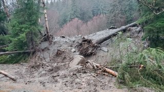 This photo provided by the Alaska Department of Transportation and Public Facilities shows damage from heavy rains and a mudslide 600 feet wide in Haines, Alaska, on Wednesday, Dec. 2, 2020.
