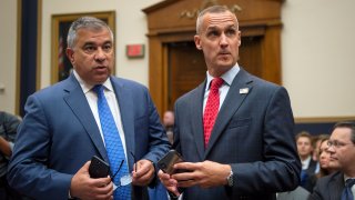 UNITED STATES - SEPTEMBER 17: Corey Lewandowski, the former campaign manager for President Donald Trump, right, stands with David Bossie, as he arrives to testify to the House Judiciary Committee in Washington on Tuesday September 17, 2019.