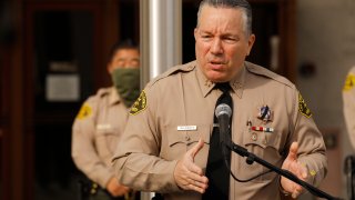 Los Angeles County Sheriff Alex Villanueva addresses a press conference on the steps of the Hall of Justice in downtown Los Angeles providing more details of the arrest of more than 150 people at a Super-spreader event in Palmdale.