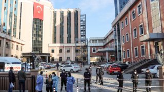 Police cordon off the area in front of the privately-run Sanko University Hospital in Gaziantep after nine patients, all infected with Covid-19, died in a fire on December 19, 2020.