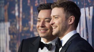 In this Feb. 15, 2015, file photo, Jimmy Fallon (L) and Justin Timberlake attend the "SNL 40th Anniversary Celebration" at Rockefeller Plaza in New York City.